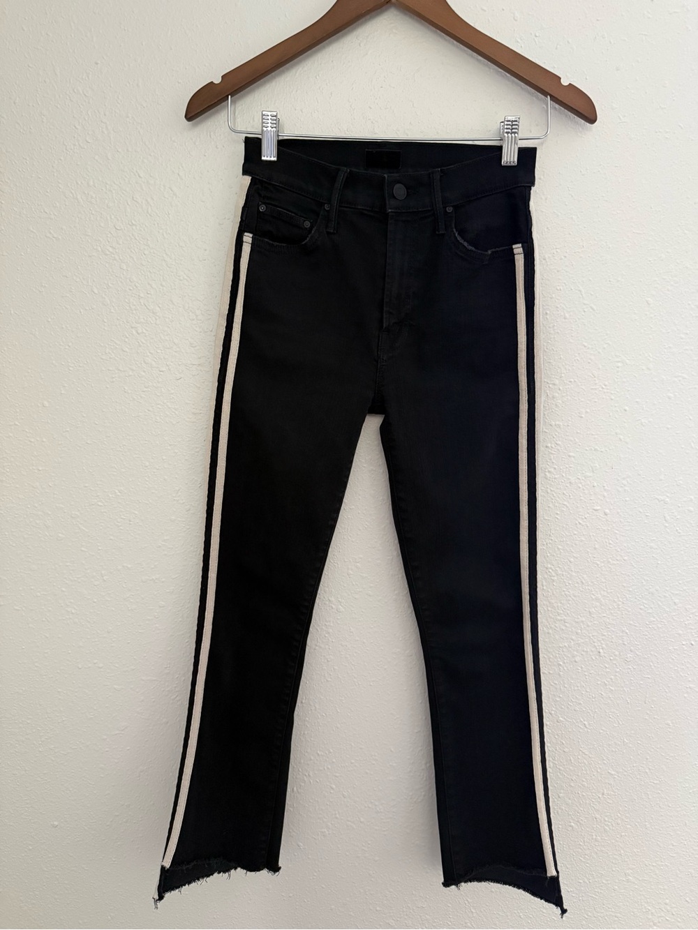 MOTHER The Insider Crop Step Fray Guilty Racer Jeans Black Cream Stripe 25